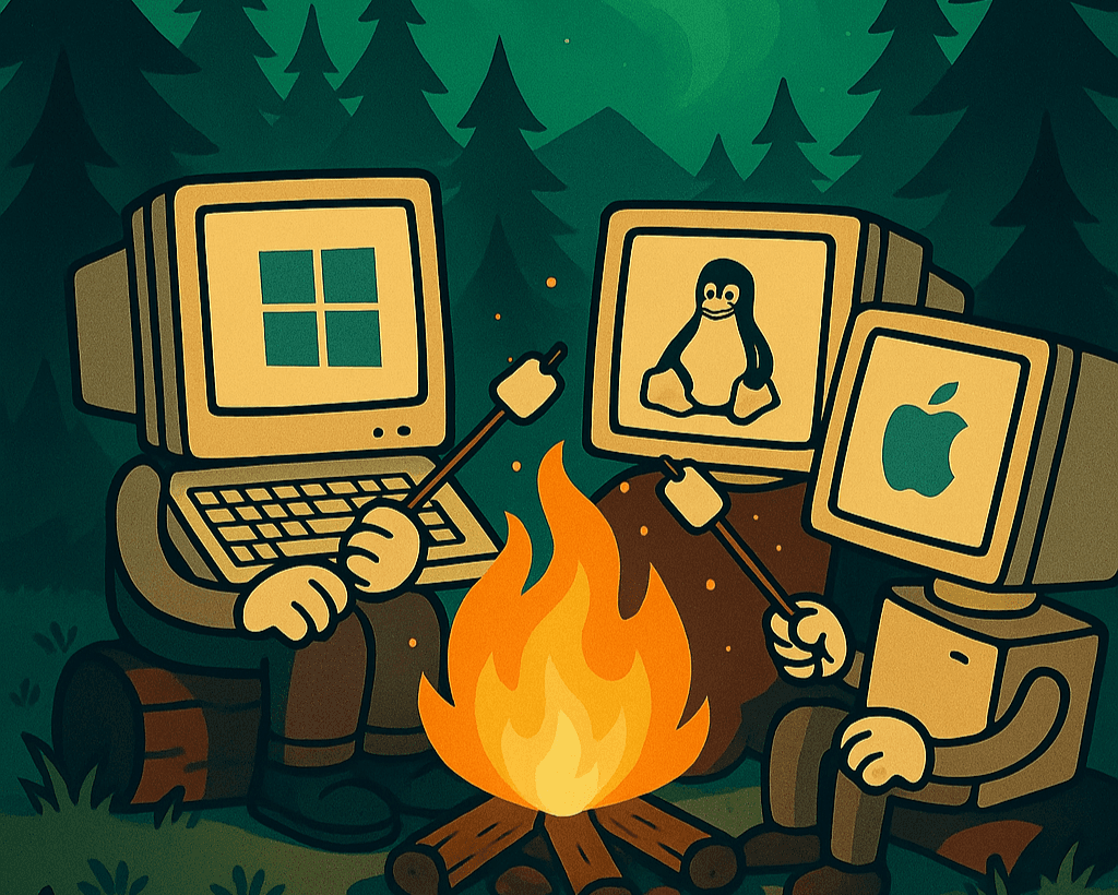 Three computers, one representing each of the Big 3 operating systems, sitting around a campfire roasting marshmallows under the northern lights