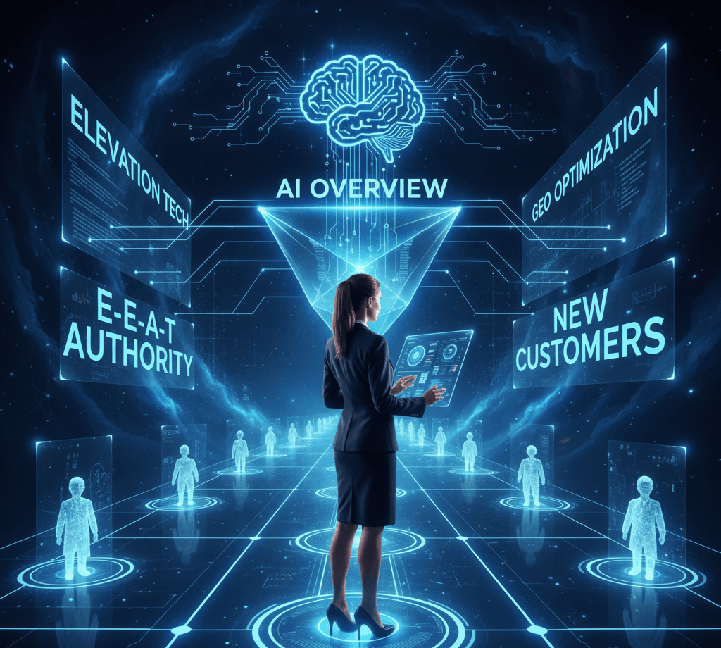 Woman standing in middle of digital signs saying e-e-a-t authority, AI overview, GEO Optimization and ne customers.