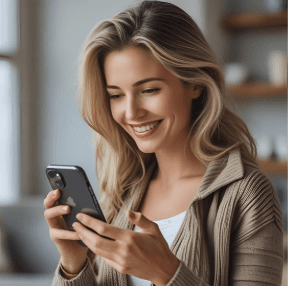 Woman looking down at phone smiling checking her business increase after using the SEO guide from Elevation Tech.