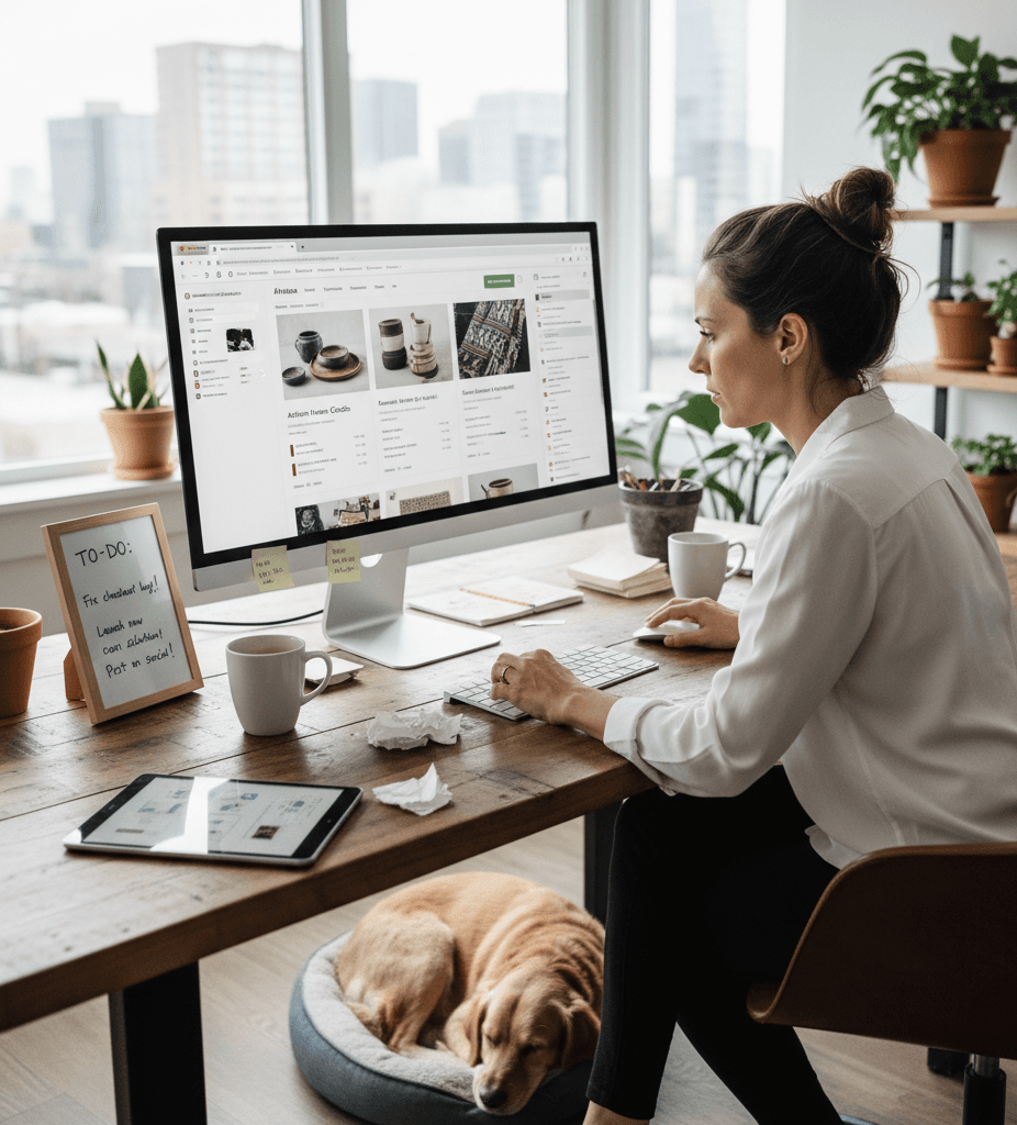 Woman sitting at desk at home, reviewing her ecommerce website optimizing for AI search.