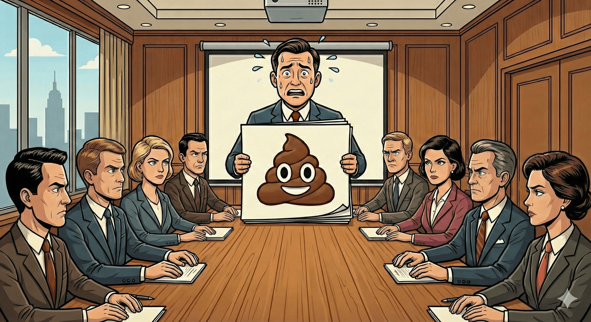 conference room full of suits looking at a presenter who is sweating and holding a pitch deck with a poop emoji on it