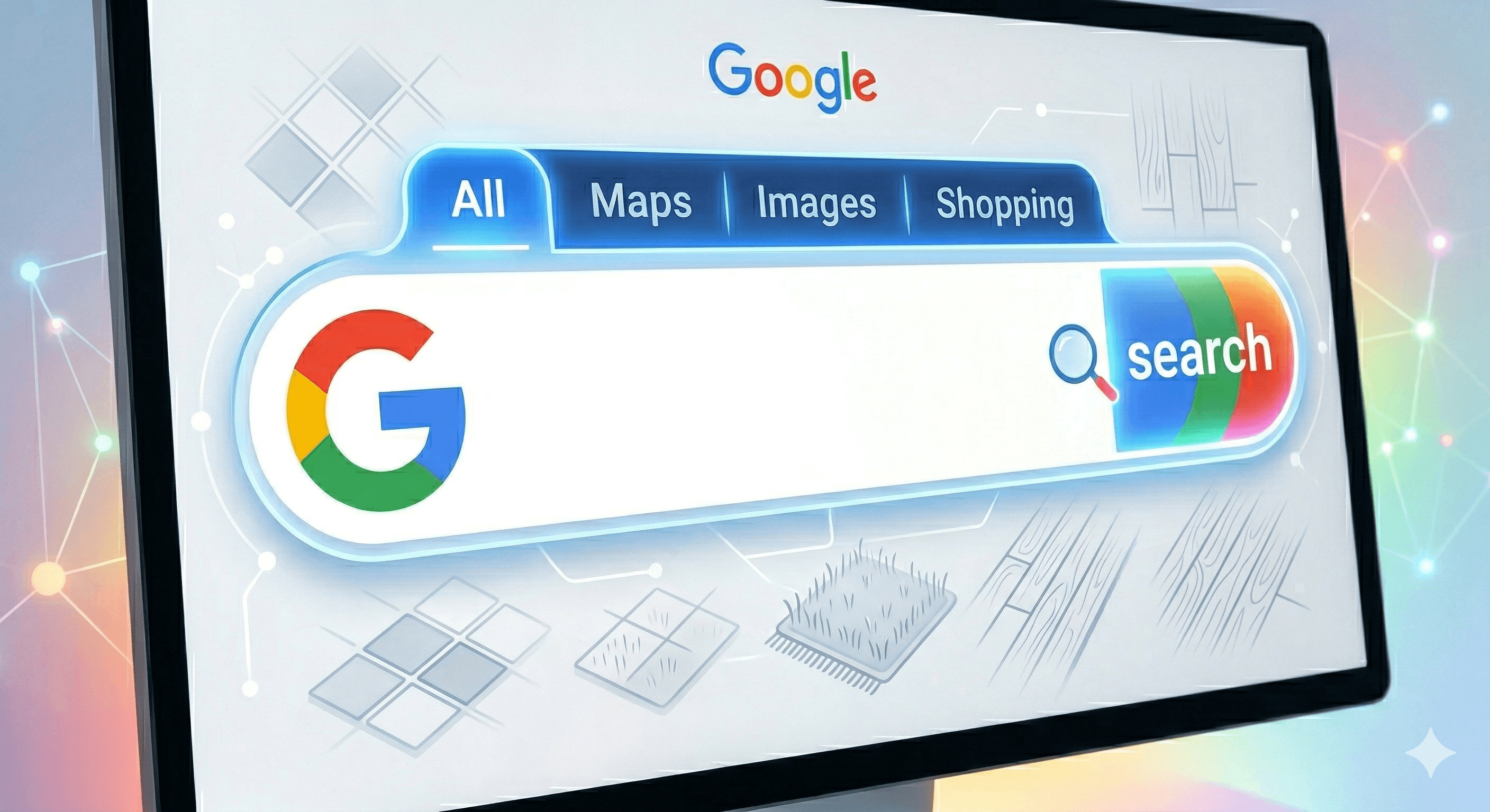 A close-up, high-tech 3D render of a Google search interface on a computer screen. The image features a clean, empty white search bar with the iconic 'G' logo on the left and a colorful 'Search' button with a magnifying glass icon on the right. Above the search bar, navigation tabs for 'All,' 'Maps,' 'Images,' and 'Shopping' are visible. The background is a soft-focus digital environment with faint outlines of flooring patterns—hardwood, tile, and carpet—and glowing network nodes, representing the connection between search technology and local business growth.