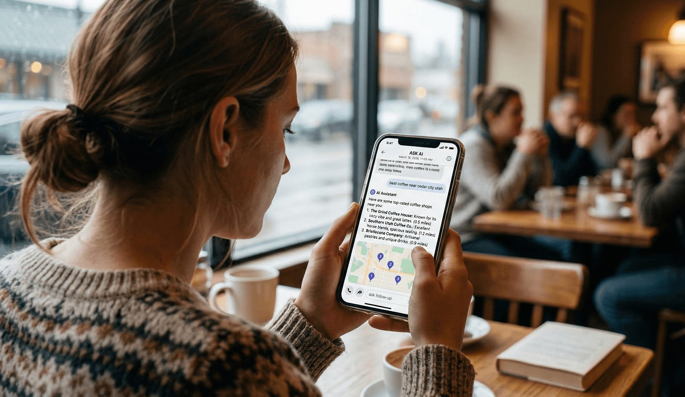 A close-up, over-the-shoulder perspective of a person in a bustling cafe using a smartphone to view AI search results. The phone screen clearly shows an AI chat interface providing structured information, including a numbered list and map locations, about local coffee shops in Cedar City, Utah, in response to the user's conversational query. This image highlights the practical integration and personalized results of modern AI search technology in daily life.