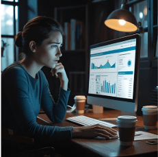female business owner looking at computer reviewing analytics for her small business company.