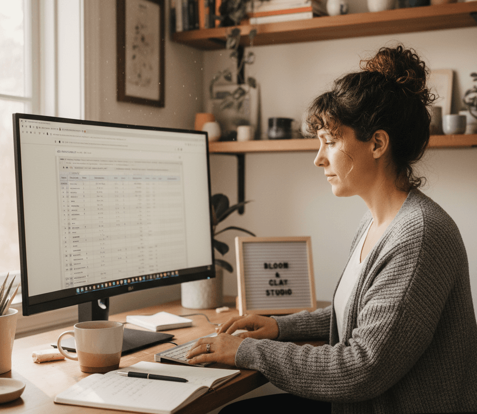 Woman sitting at computer looking at stats for her small business and how to keep up with 2026 trends.