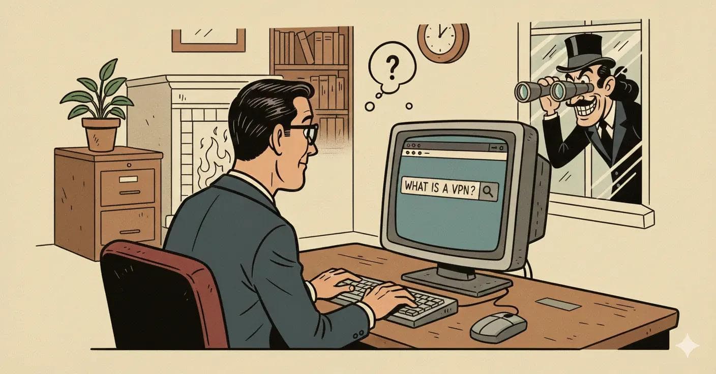 50's style cartoon guy at a computer searching for 'What is a VPN?' while a villain character with a mustache and a black suit and tophat looks through the window with binoculars