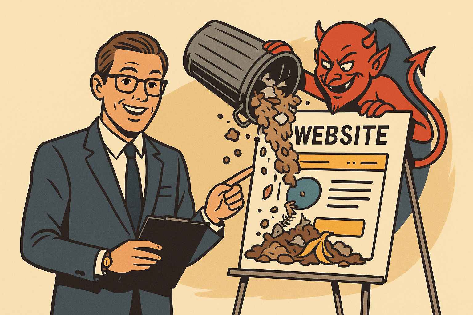 A salesperson pointing at a pitch deck for a website and a devil pouring trash on it