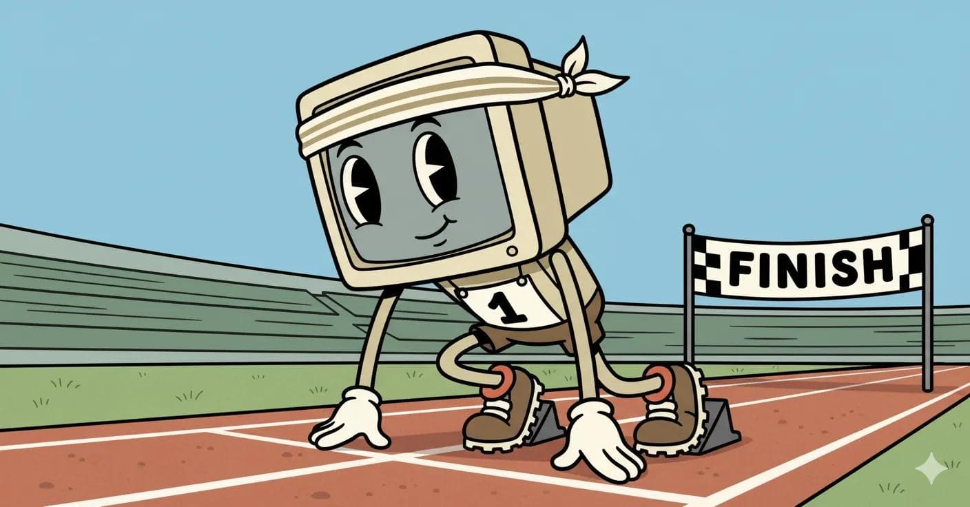 Cartoon computer guy posed at the starting line of a foot race
